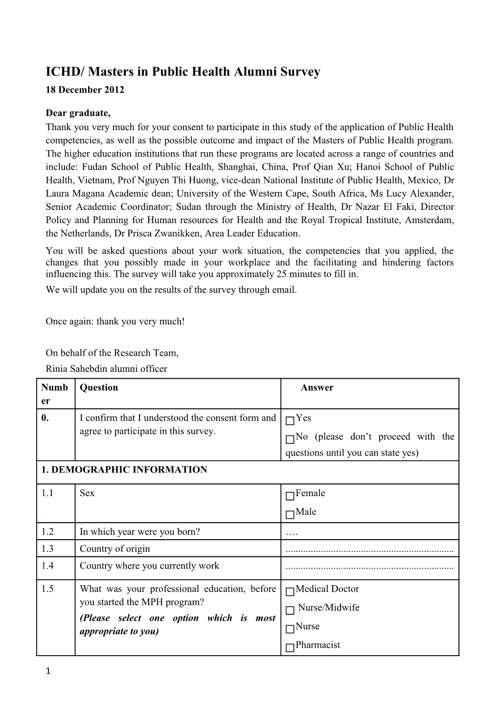 Masters in Public Health Outcomes and Impact Evaluation Survey