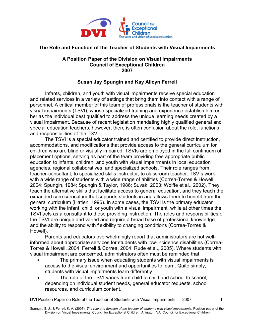 The Role and Function of the Teacher of Students with Visual Impairments