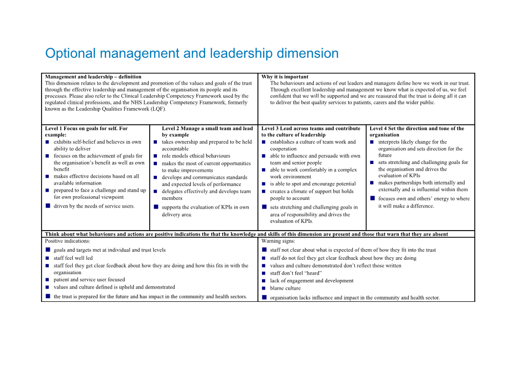 KSF Management and Leadership Dimension