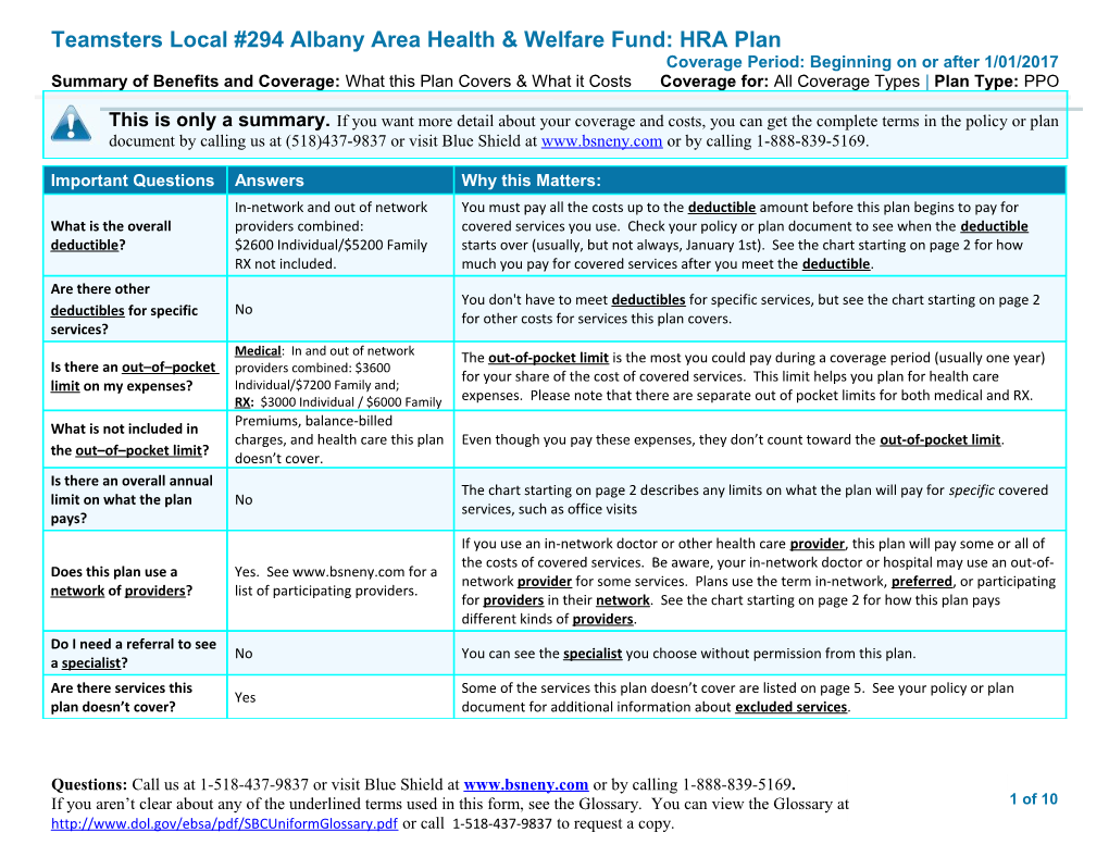 Teamsters Local #294 Albany Area Health & Welfare Fund: HRA Plan