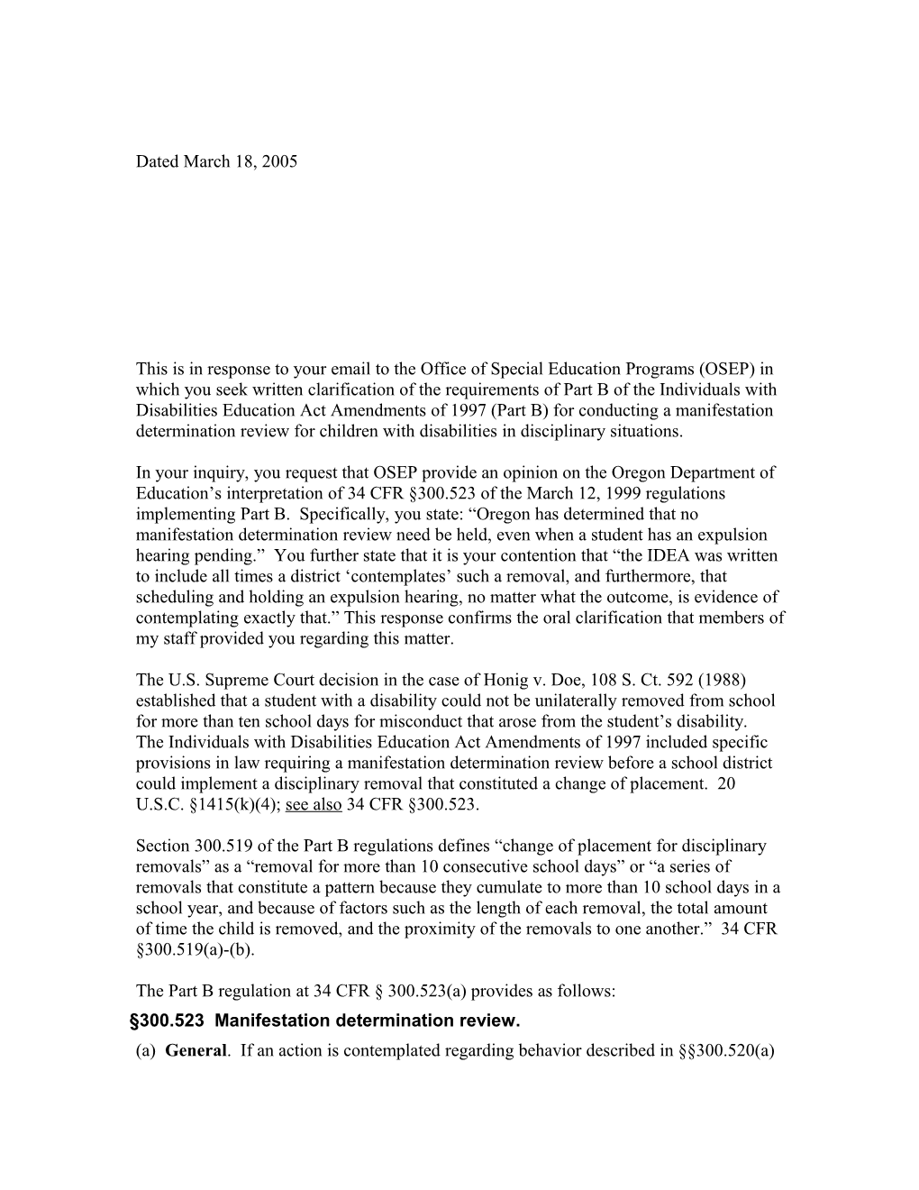 Letter Dated 3/18/05 to Redacted Re: Interpreting IDEA Or the Regulations That Implement