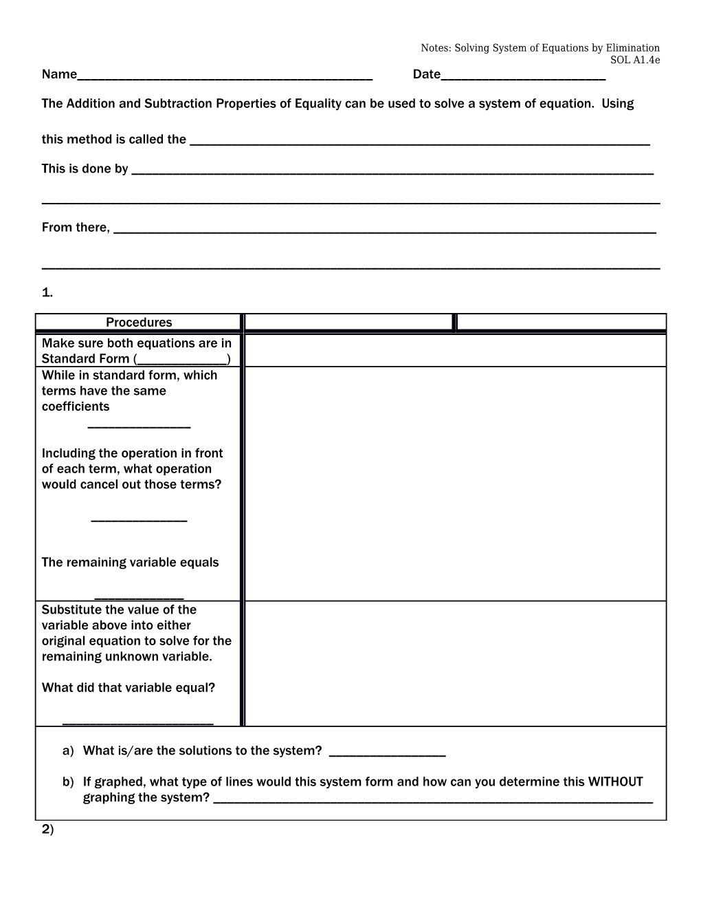 Notes: Solving System of Equations by Elimination