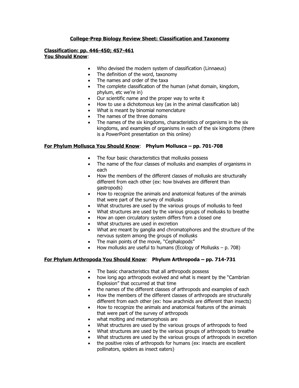 College-Prep Biology Review Sheet: Classification and Taxonomy