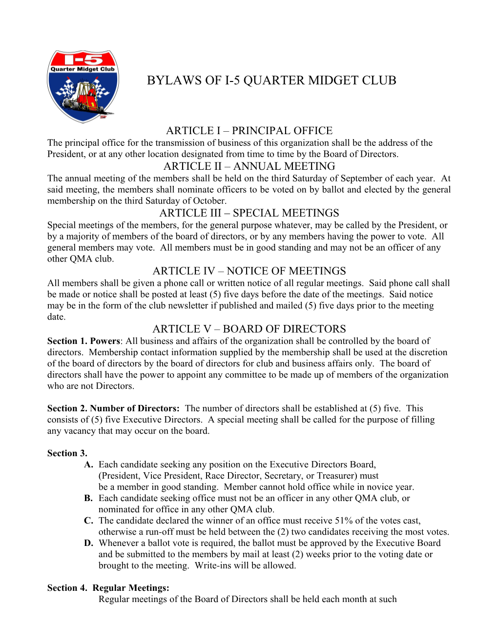 Bylaws of I-5 Quarter Midget Club