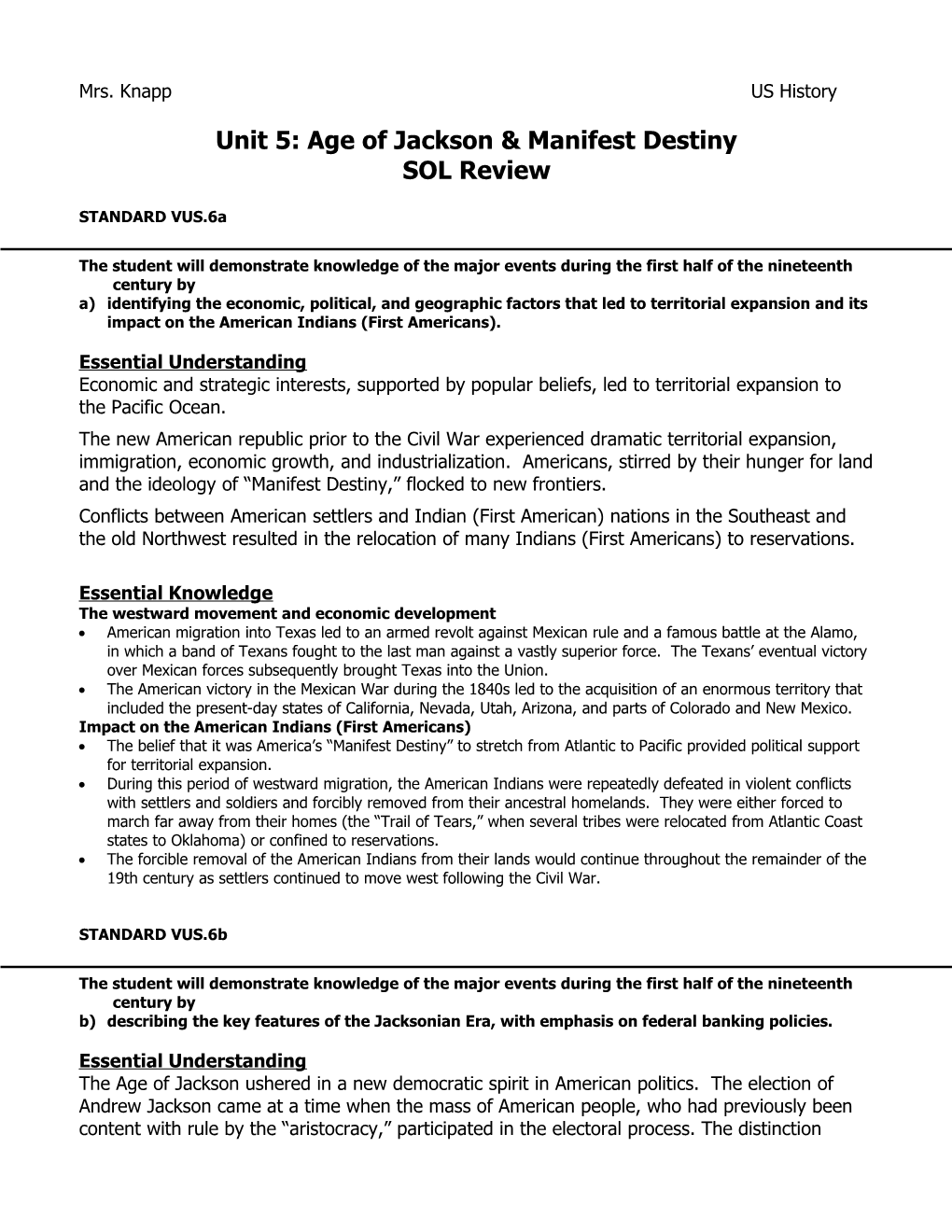 Unit 5: Age of Jackson & Manifest Destiny