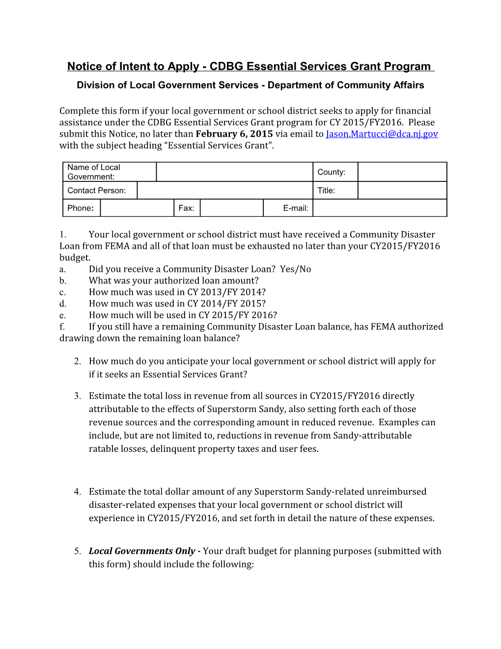 Notice of Intent to Apply - CDBG Essential Services Grant Program