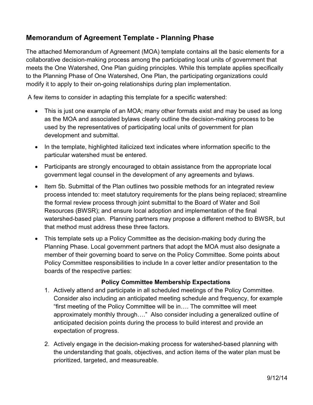 Memorandum of Agreement Template - Planning Phase