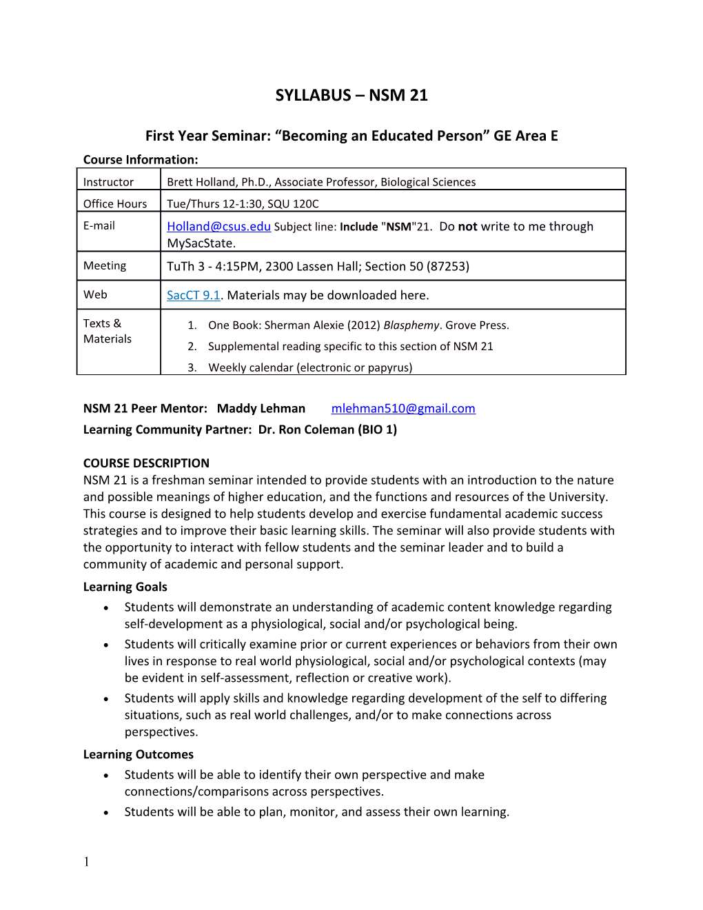 NSM 21: Freshman Seminar: Becoming an Educated Person