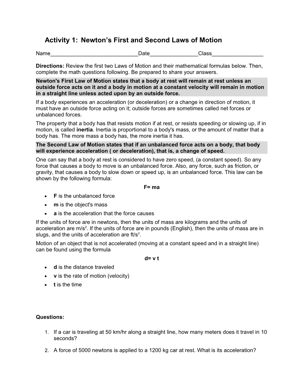 Activity 1: Newton S First and Second Laws of Motion