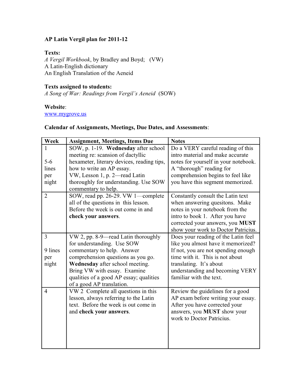 AP Latin Vergil Plan for 2010-2011