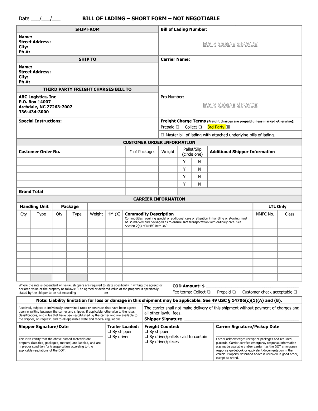 Bill of Lading Short Form Not Negotiable