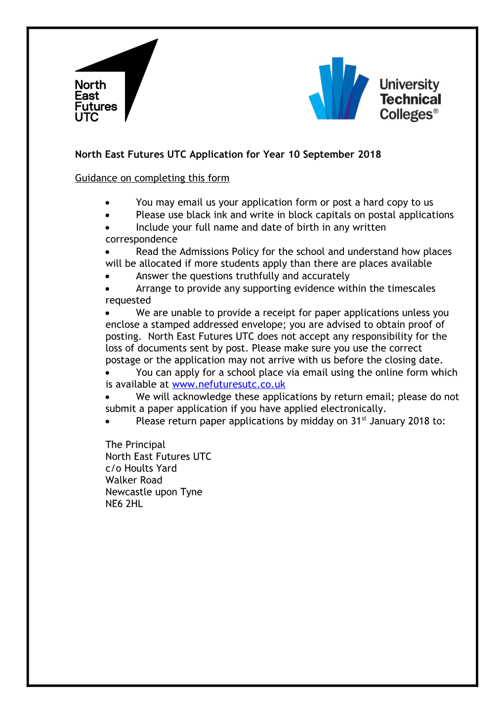 North East Futures UTC Application for Year 10 September 2018