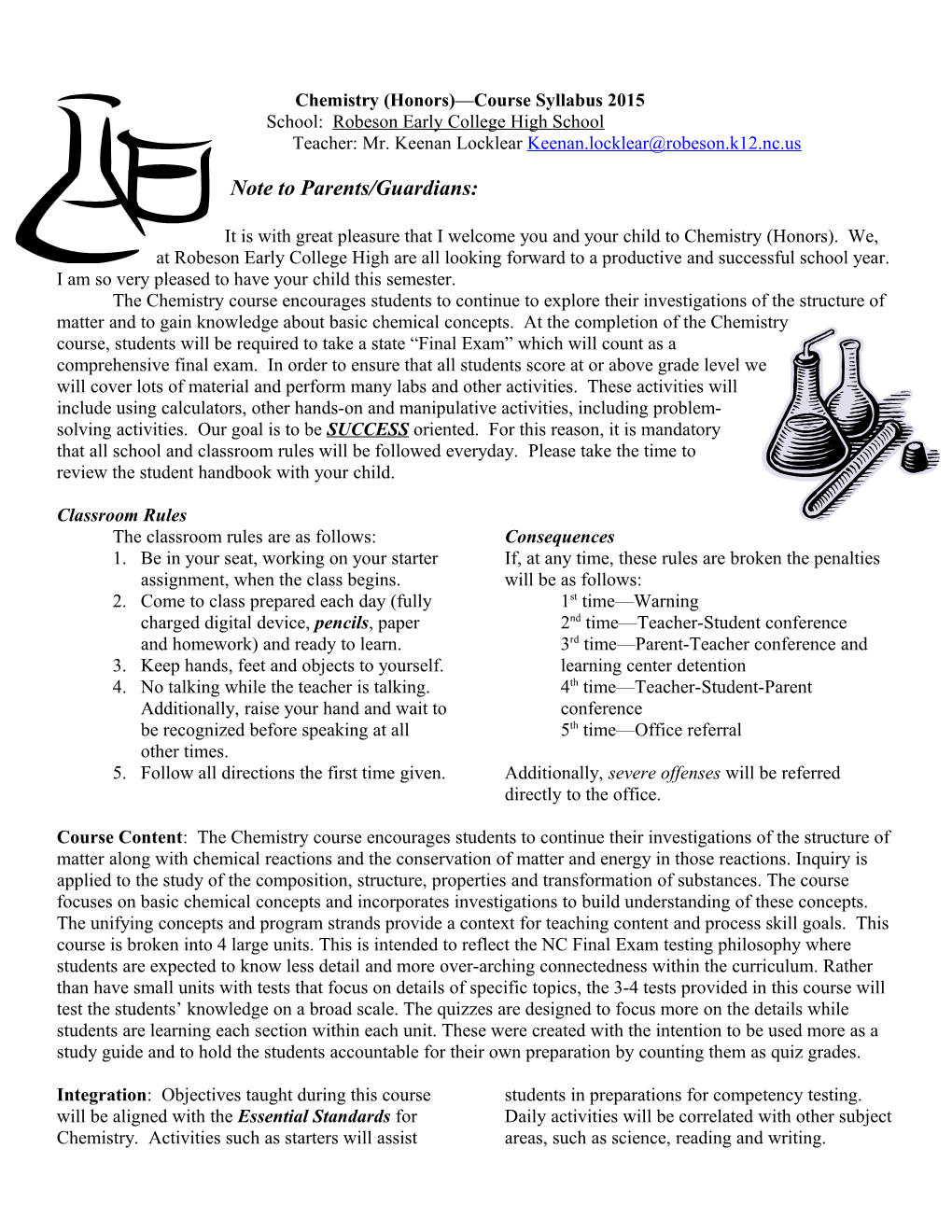 Chemistry/Chemistry (Honors) Course Syllabus