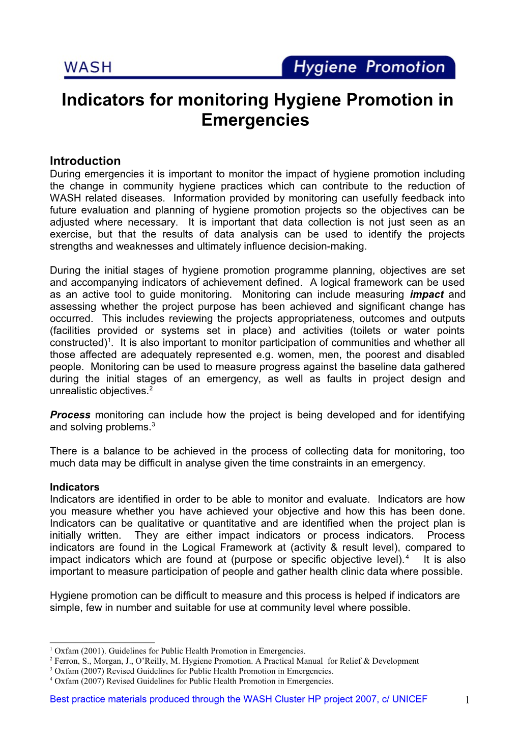 Indicators for Monitoring Hygiene Promotion in Emergencies