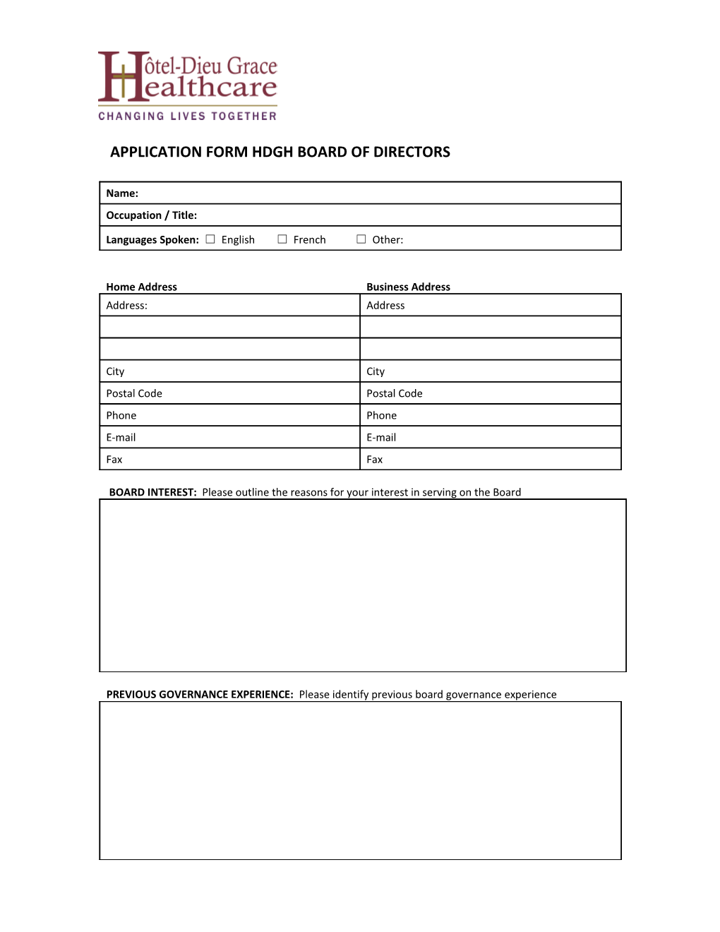 Application Form Hdgh Board of Directors