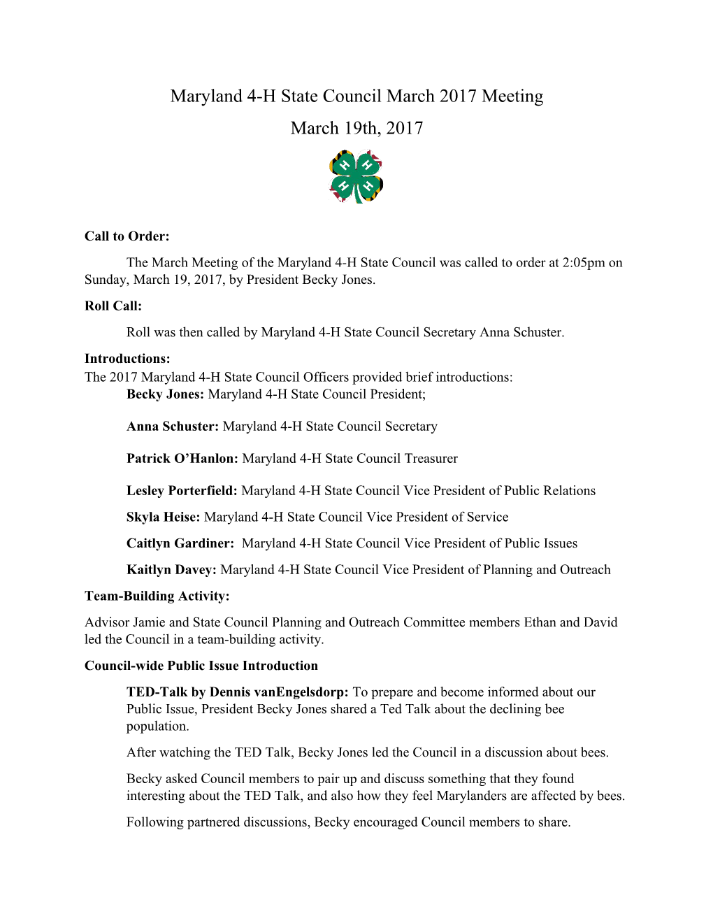 Maryland 4-H State Council March 2017 Meeting