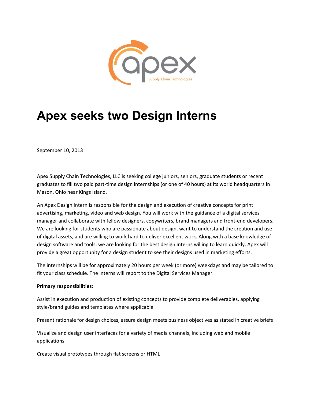 Apex Seeks Two Design Interns
