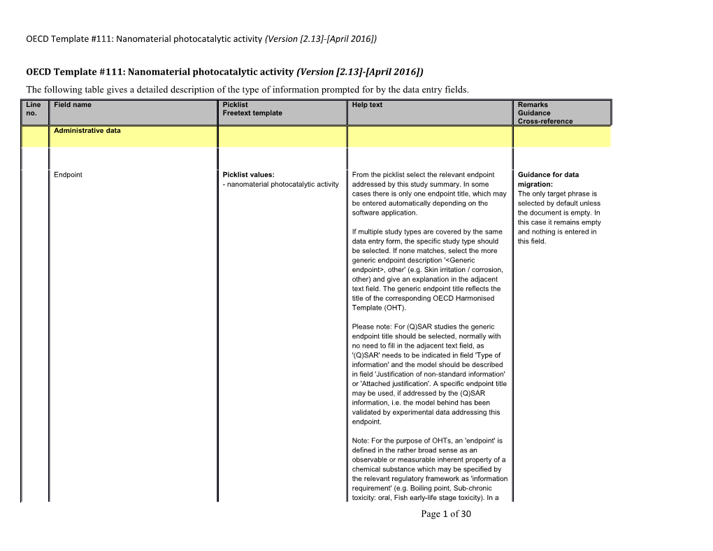 OECD Template #111: Nanomaterial Photocatalytic Activity (Version 2.13 - April 2016 )