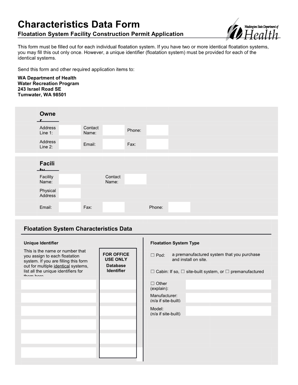 Characteristics Data Form - Floatation System Facility Construction Permit Application