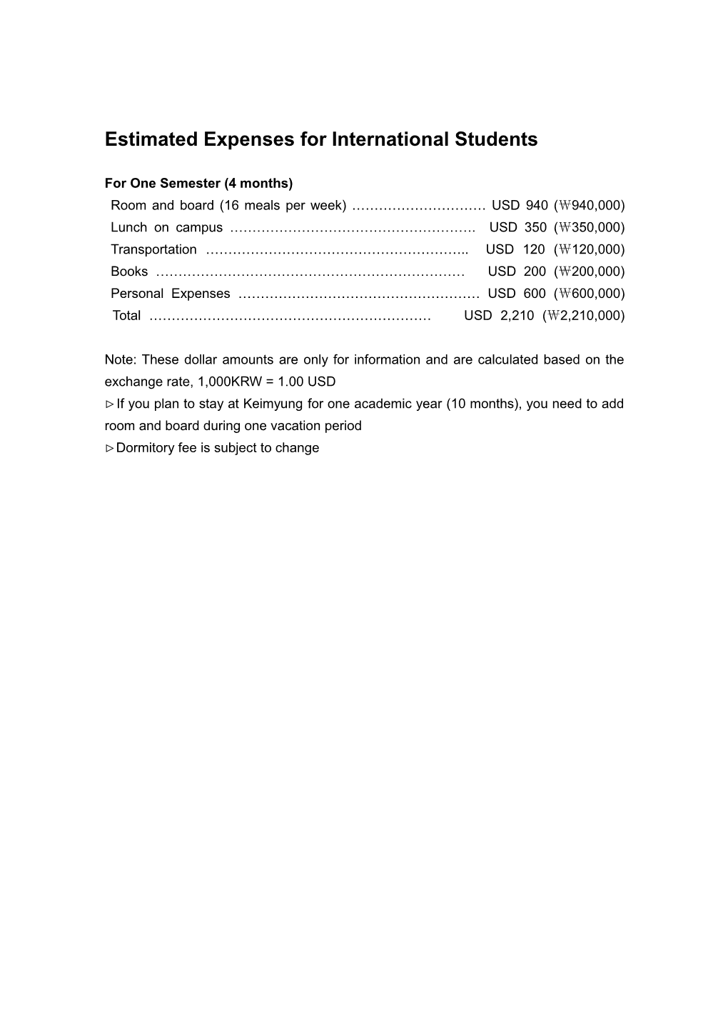 Estimated Expenses for Exchange Students