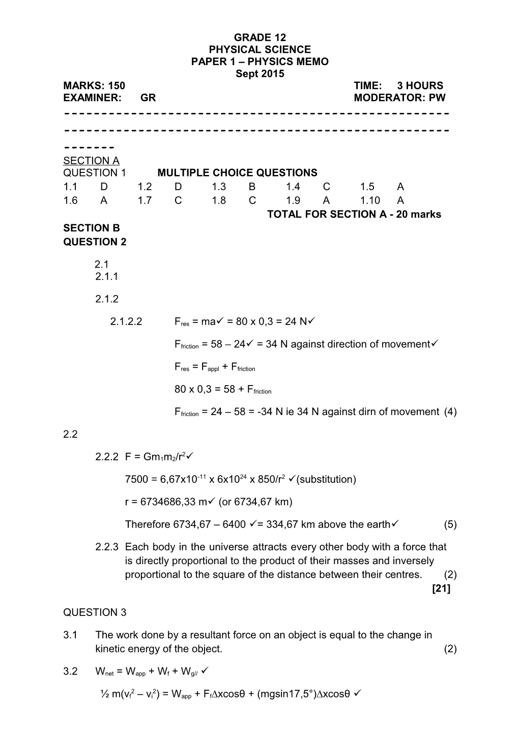 Grade 12 Physical Science Paper 1, Physics September 2015