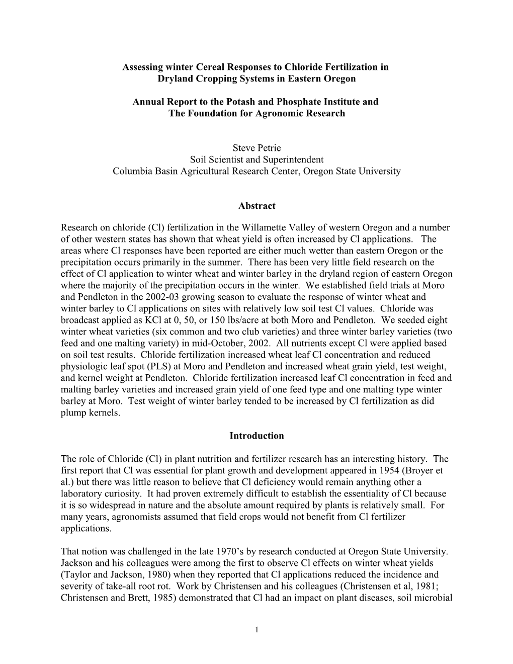 Winter Cereal Response to Chloride Fertilizer in Northeastern Oregon