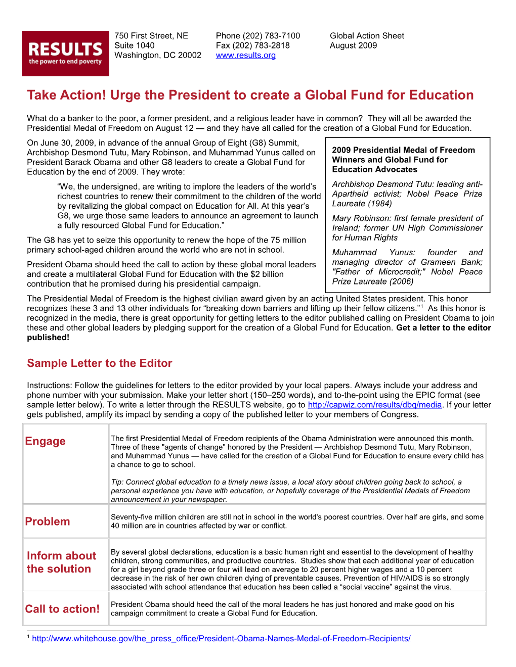 Take Action! Urge the President to Create a Global Fund for Education