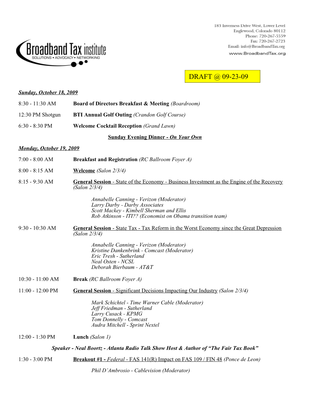 2009 Broadband Tax Institute (BTI) Conference Agenda