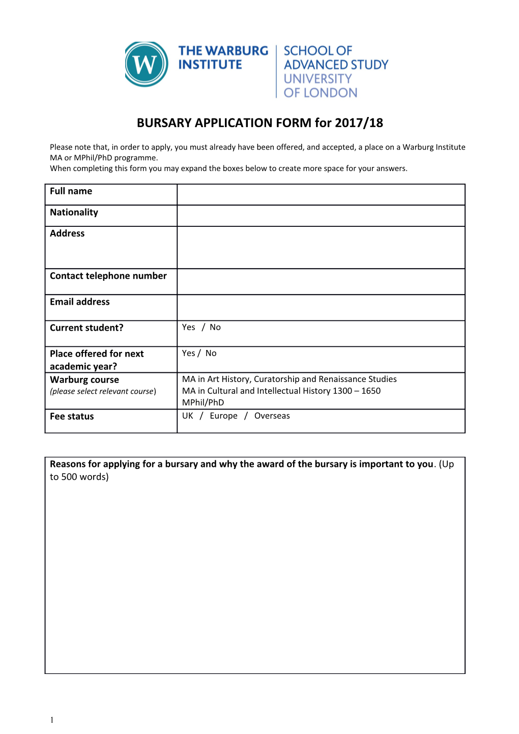 BURSARY APPLICATION FORM for 2017/18