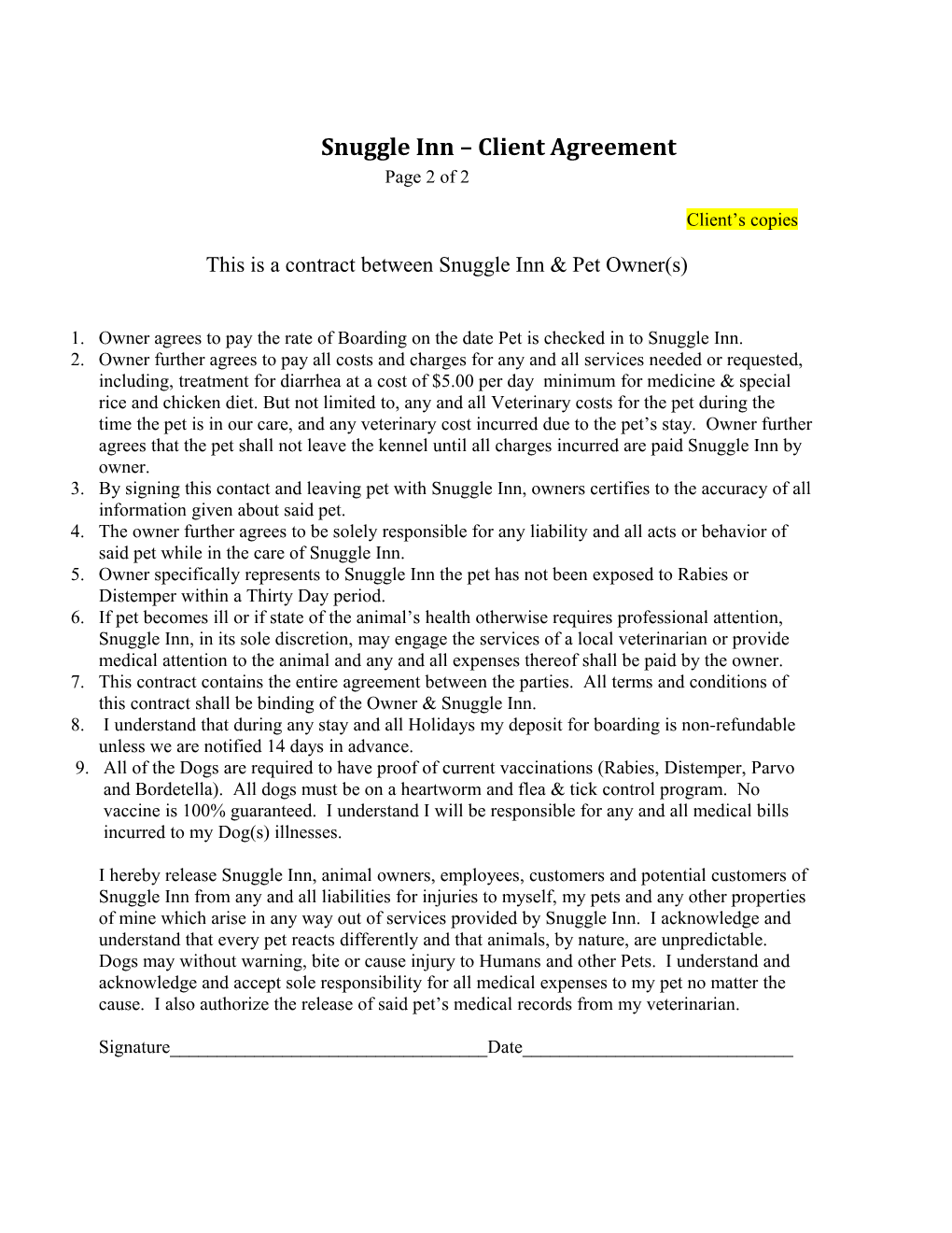 Snuggle Inn Client Agreement