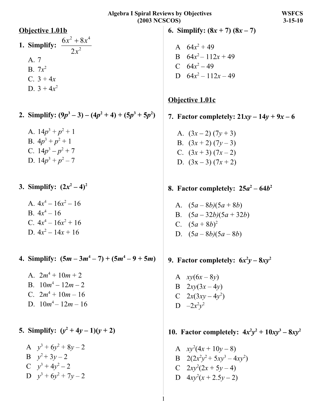 Algebra I Spiral Reviews by Objectives WSFCS