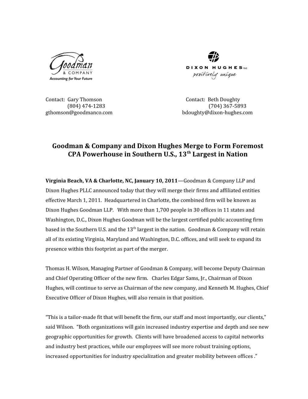Goodman & Company and Dixon Hughesmerge to Form Foremost