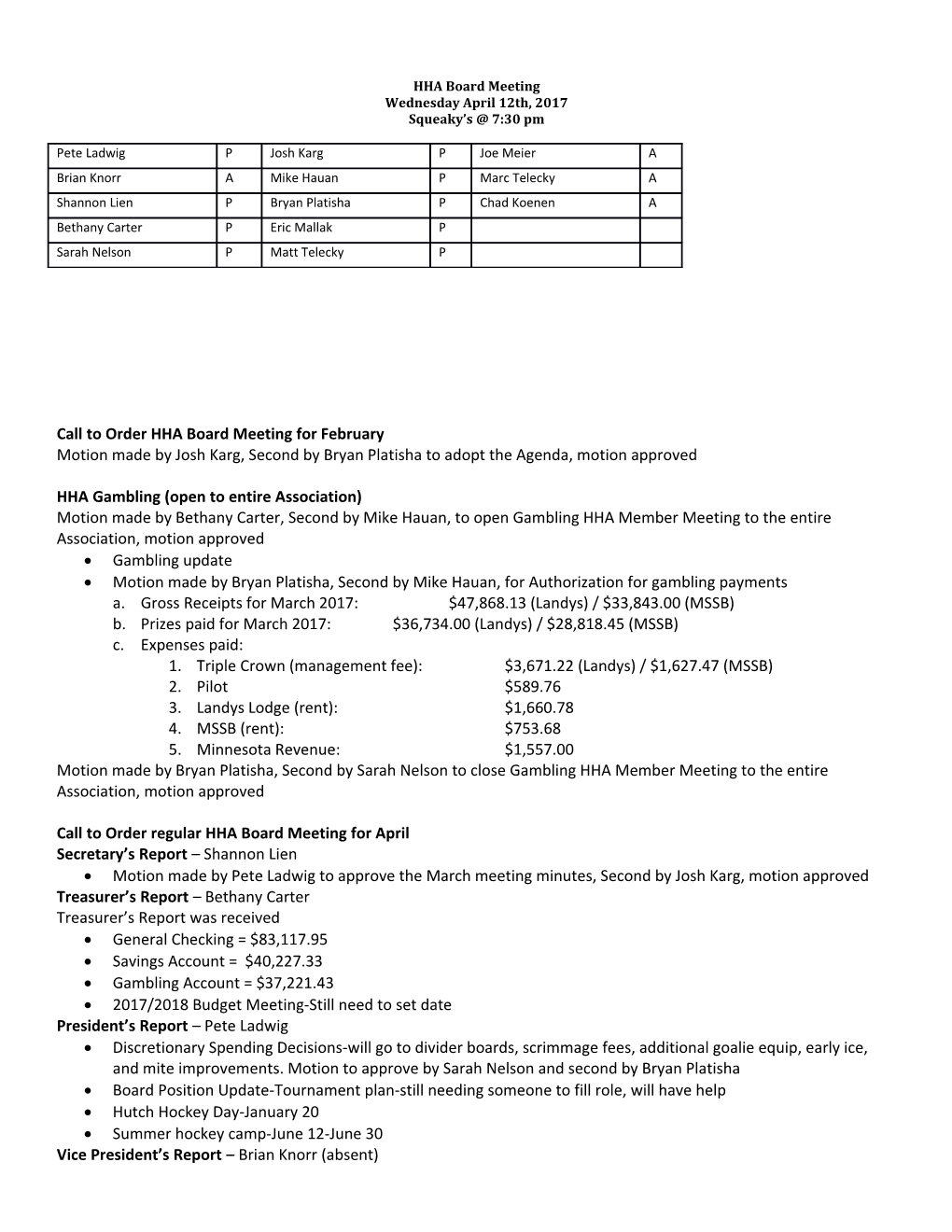 Call to Order HHA Board Meeting Forfebruary