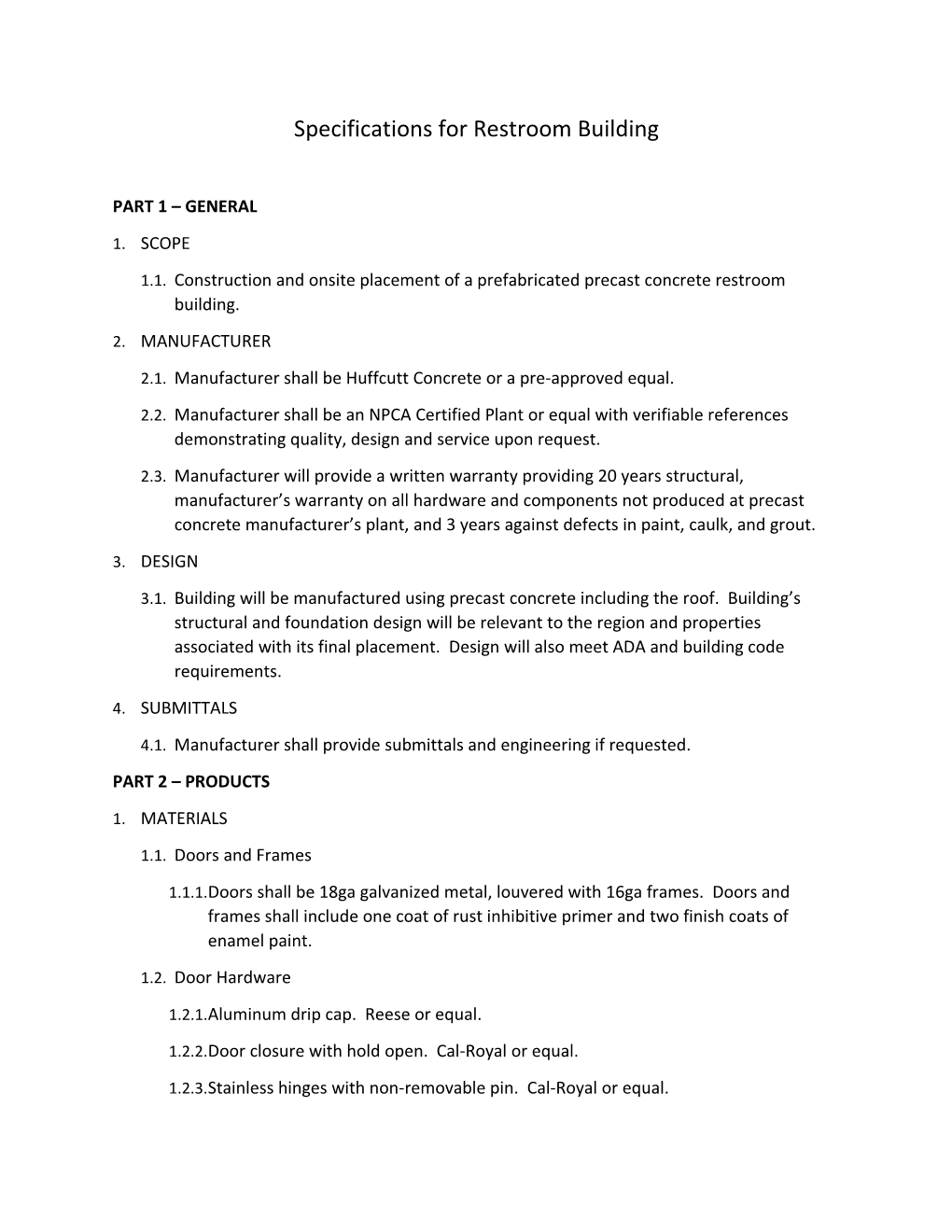 Specifications for Restroom Building