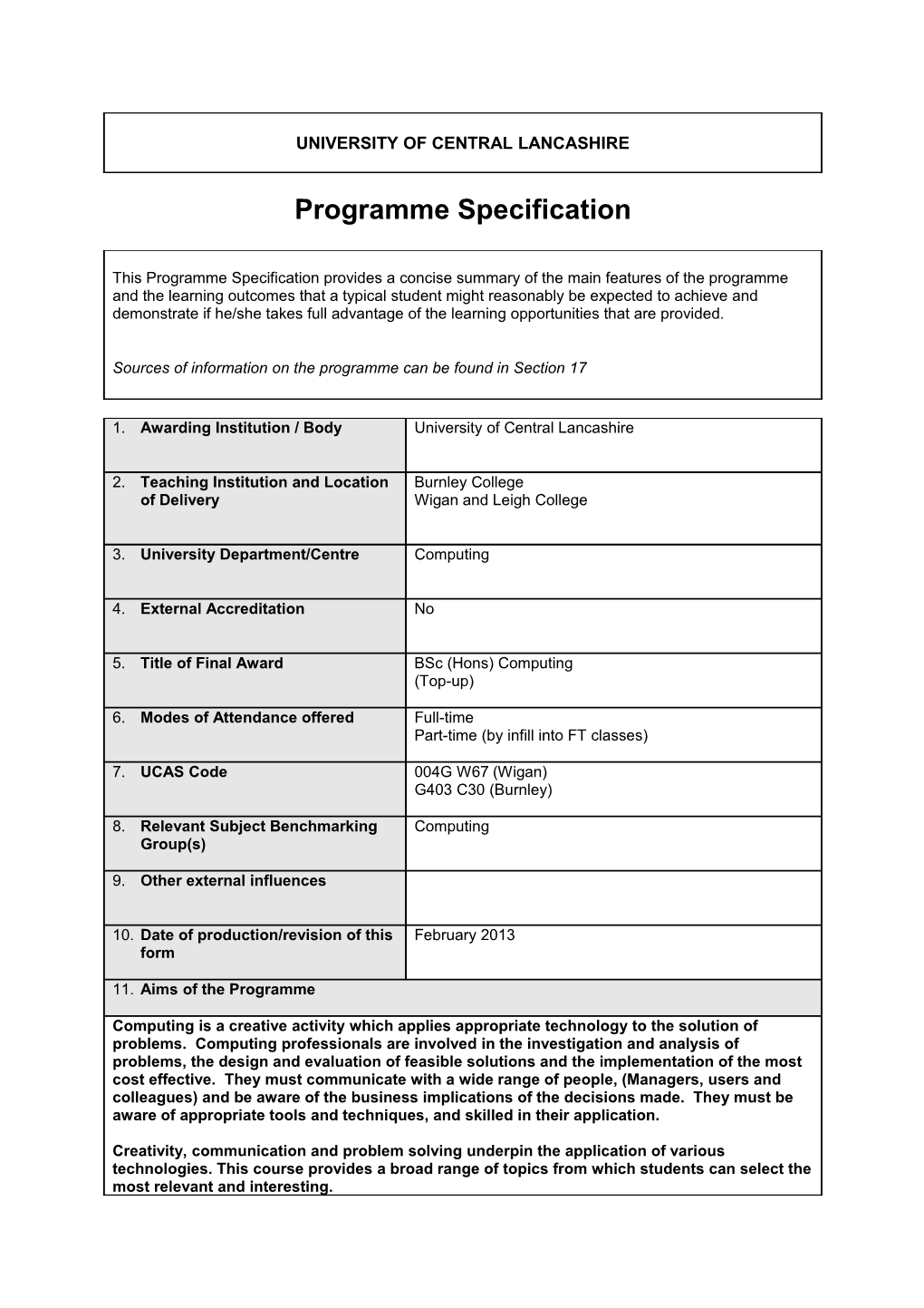 Bsc (Hons) Computing (Top-Up) (Jan 2013)