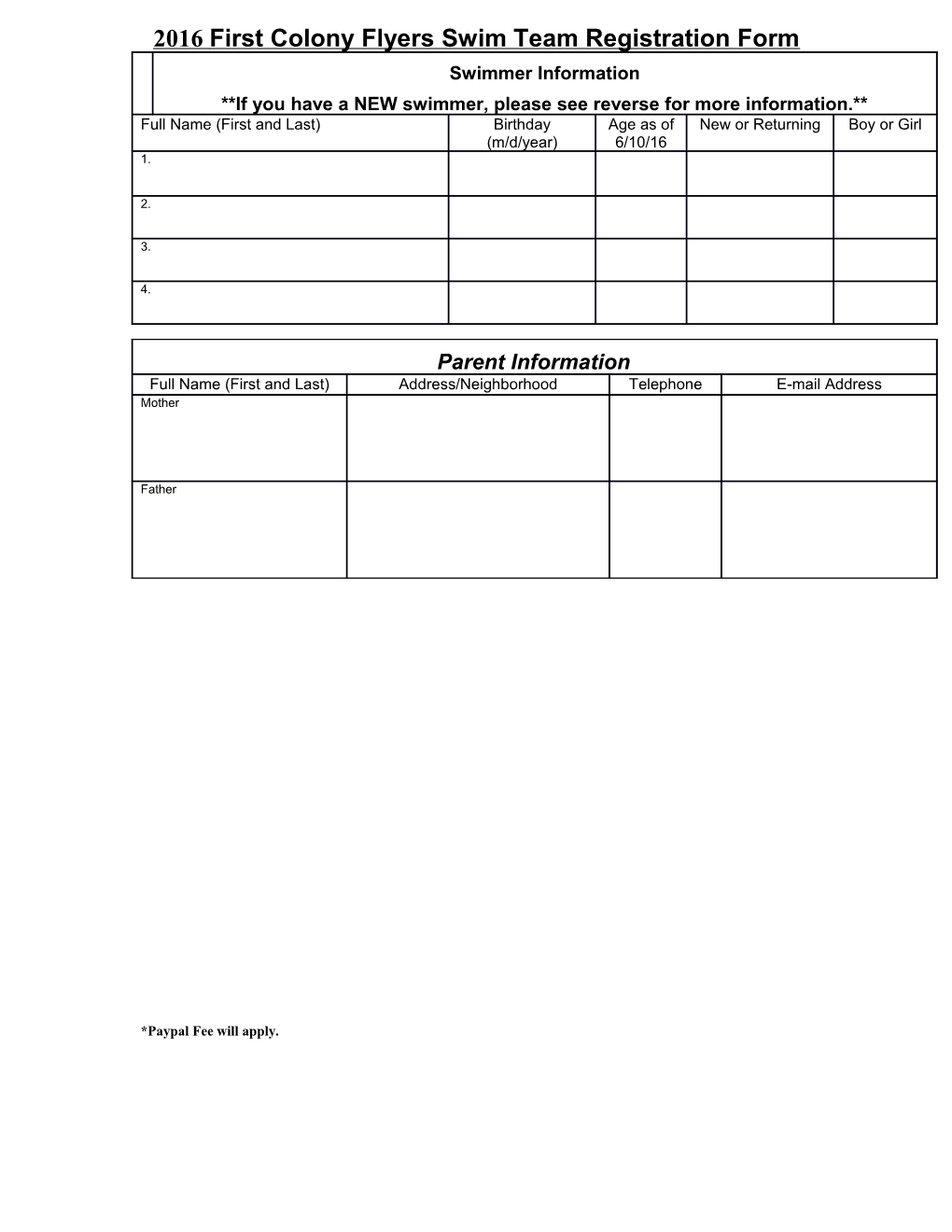 First Colony Flyers Swim Team Registration Information