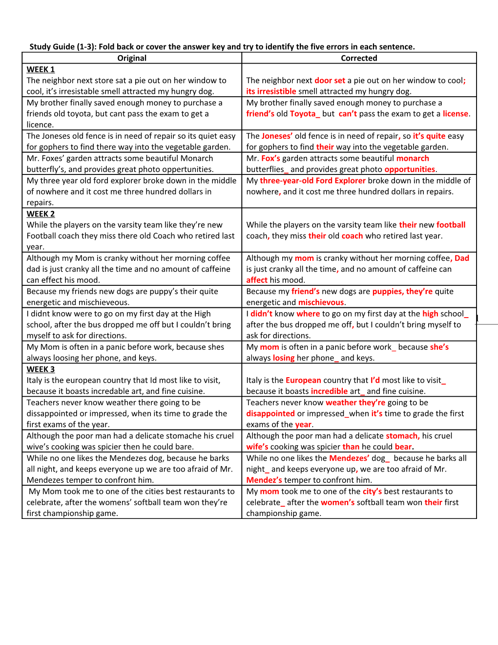 Study Guide (1-3): Fold Back Or Cover the Answer Key and Try to Identify the Five Errors