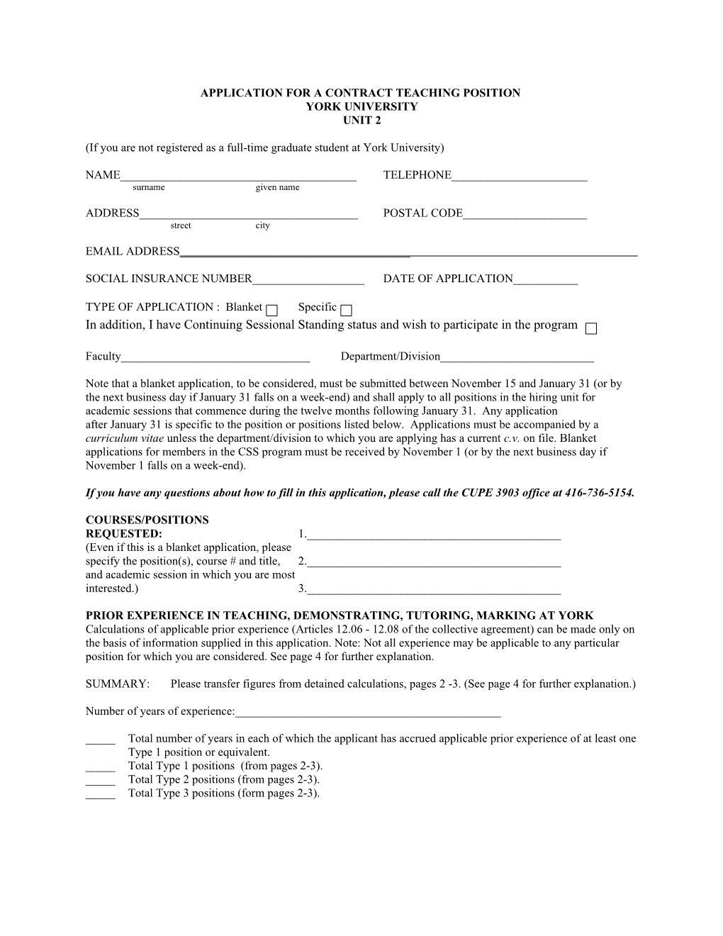 Application for a Contract Teaching Position