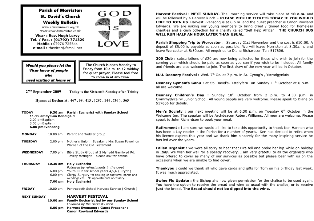 Parish of Morriston Weekly Bulletin