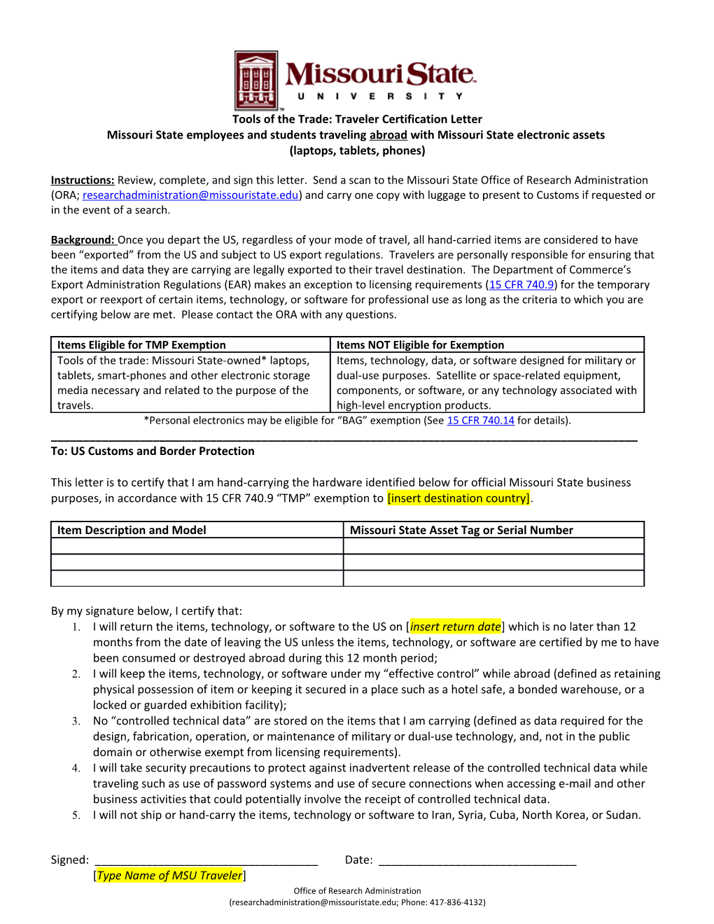 Tools of the Trade: Traveler Certification Letter
