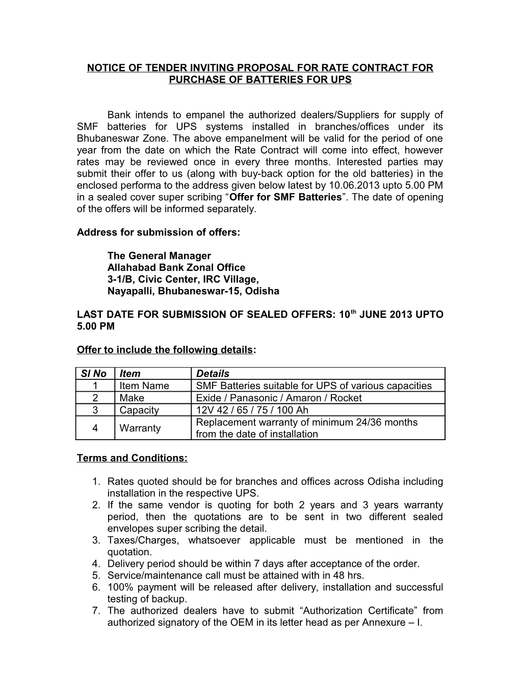 Notice of Tender Inviting Proposal for Rate Contract for Purchase of Batteries for Ups