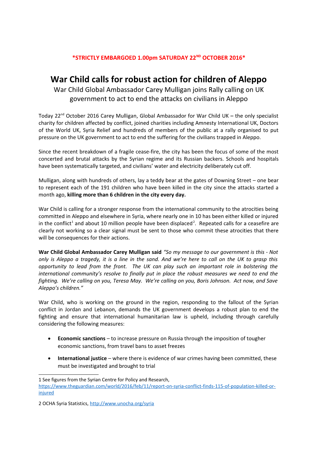 War Child Calls for Robust Action for Children of Aleppo