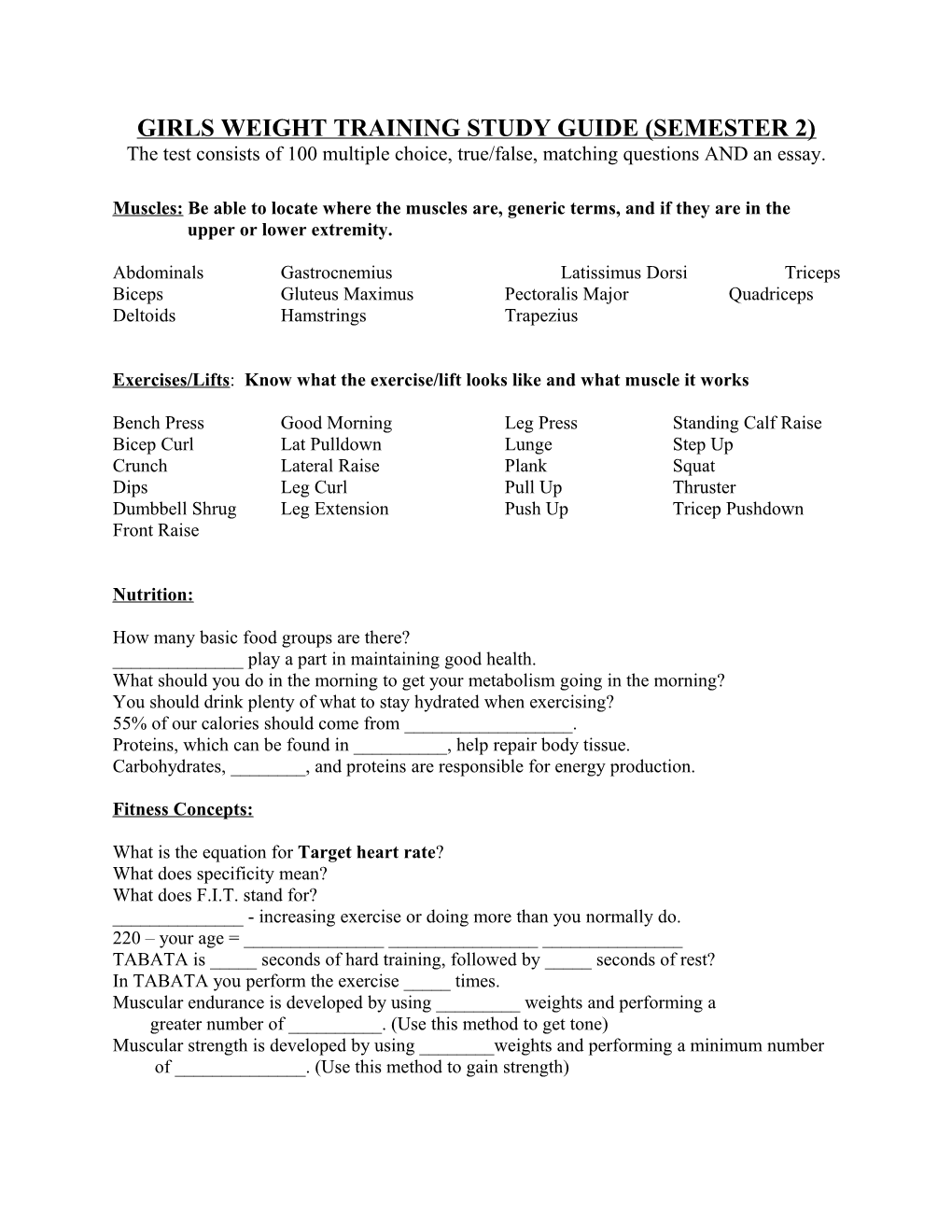 Girls Weight Training Study Guide (Semester 2)