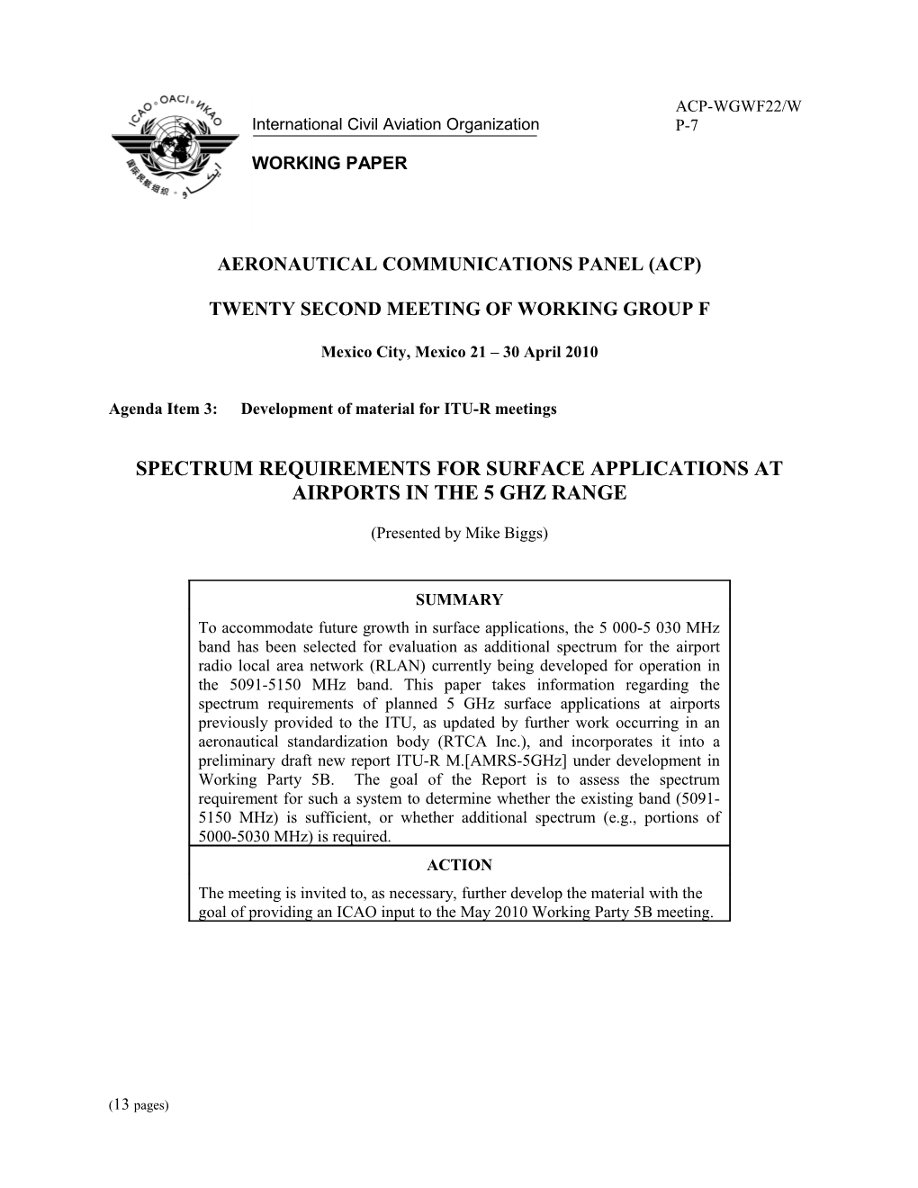 Spectrum Requirements for Surface Applications at Airports in the 5 Ghz Range