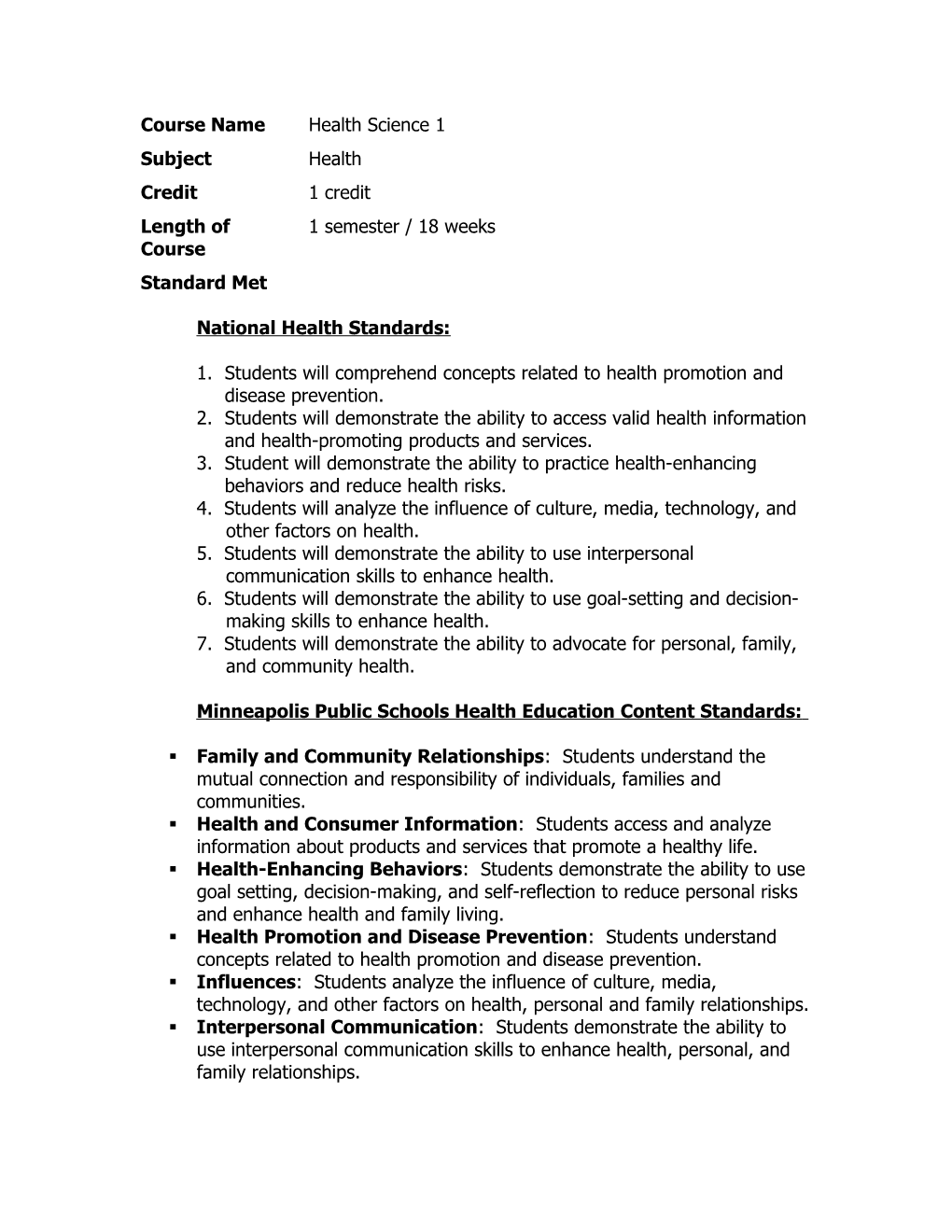 Course Namehealth Science 1