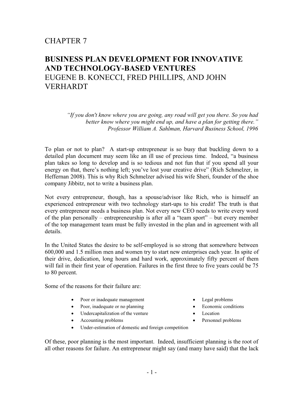 Business Plan Development for Innovative and Technology-Based Ventures