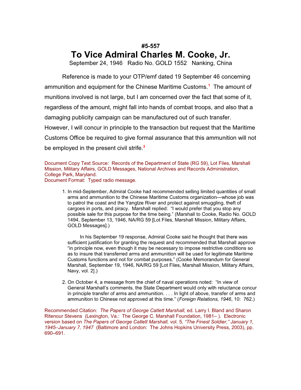 To Vice Admiral Charles M. Cooke, Jr