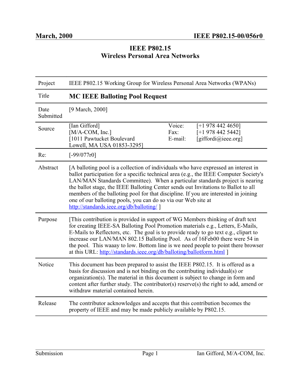 MC IEEE Balloting Pool Request