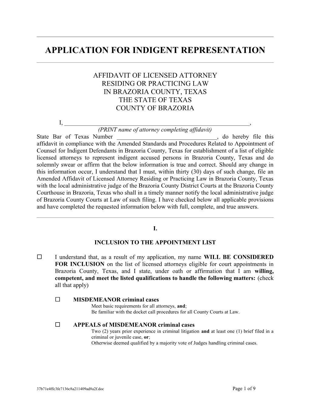 Application for Indigent Representation