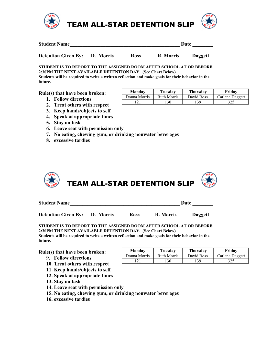 Team All-Star Detention Slip